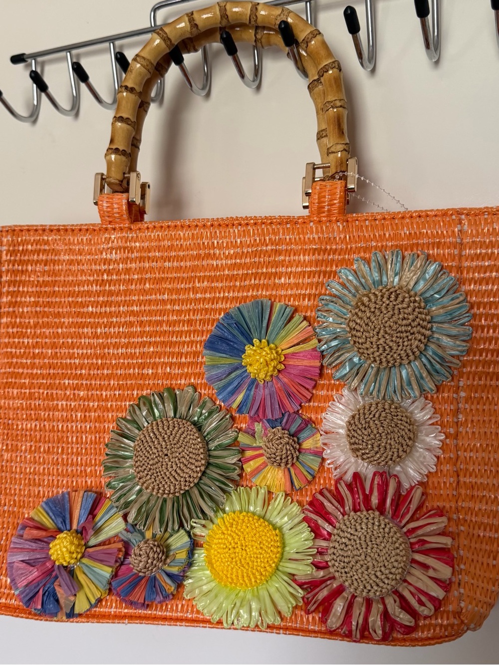 HAUTE HIPPIE Orange Woven Straw Handbag Flowers Summer Unique Bag NWOT